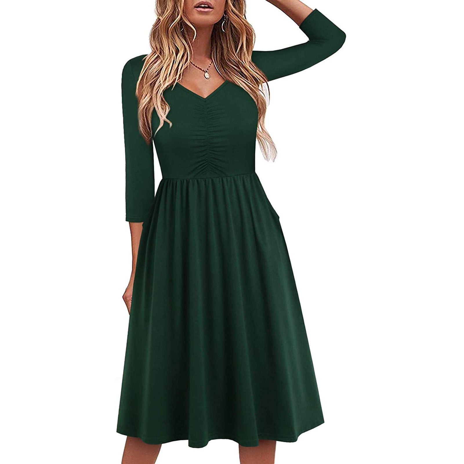 Black Friday Deals 2021 Holiday Dresses for Women Women Fashion Fall 3/4  Sleeve V-Neck Solid Color Casual Pockets A-Line Dress | Walmart Canada